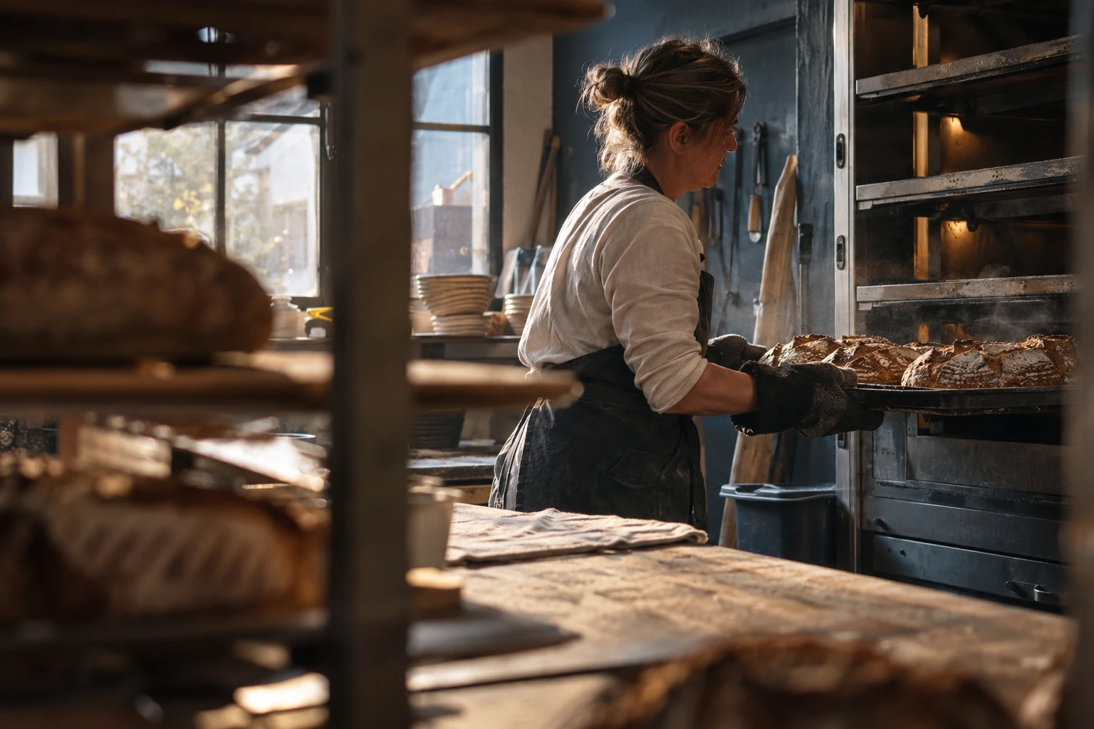 Eine Bäckerin holt frisches Brot aus dem Ofen.